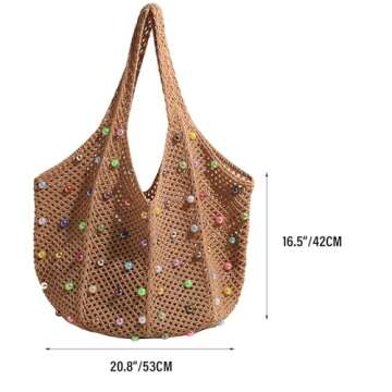 ANYZSCO Boho Crochet Beach Tote Shoulder Bag with Colored Beads | Colorful Aesthetic Hippie Knit Bag...