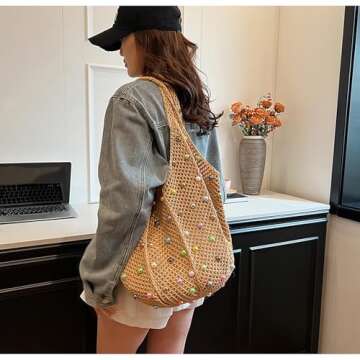 ANYZSCO Boho Crochet Beach Tote Shoulder Bag with Colored Beads | Colorful Aesthetic Hippie Knit Bag for Women (Khaki)