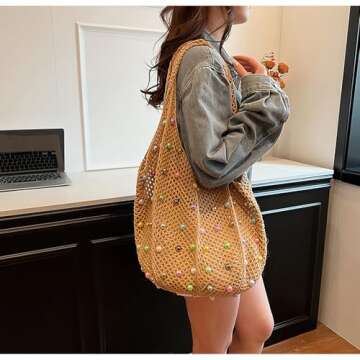 ANYZSCO Boho Crochet Beach Tote Shoulder Bag with Colored Beads | Colorful Aesthetic Hippie Knit Bag for Women (Khaki)