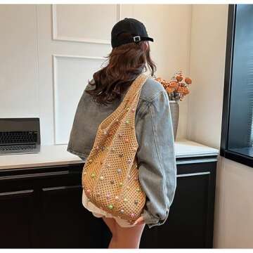 ANYZSCO Boho Crochet Beach Tote Shoulder Bag with Colored Beads | Colorful Aesthetic Hippie Knit Bag for Women (Khaki)