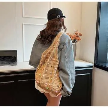 ANYZSCO Boho Crochet Beach Tote Shoulder Bag with Colored Beads | Colorful Aesthetic Hippie Knit Bag for Women (Khaki)