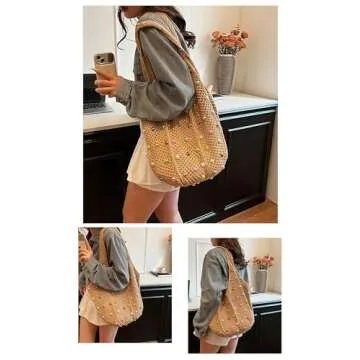 ANYZSCO Boho Crochet Beach Tote Shoulder Bag with Colored Beads | Colorful Aesthetic Hippie Knit Bag for Women (Khaki)