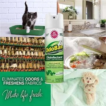 OdoBan Ready-to-Use Disinfectant and Odor Eliminator, Cleaner and Fabric/Air Freshener, Set of 2, 14.6 Ounce 360-Degree Continuous Spray and 32 Ounce Trigger Spray, Original Eucalyptus Scent