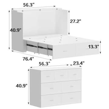 ECACAD Multi-Functional Murphy Cabinet Bed, Full Size Bed Frame Murphy Bed Chest with Built-in Power Strip & 3 Drawers, Full Foldable Platform Bed, White