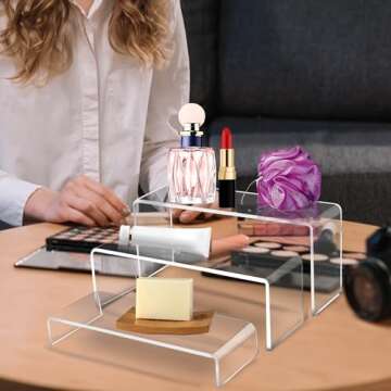 Jusalpha 3 PC Large Clear Acrylic Riser Set, Acrylic Display Risers Shelf Showcase Fixtures for Jewelry, Display Stand for Amiibo Funko POP Figures, Cupcakes, Food Display,10 x 3.9 x 3.9 in (1)