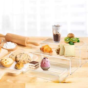 Jusalpha 3 PC Large Clear Acrylic Riser Set, Acrylic Display Risers Shelf Showcase Fixtures for Jewelry, Display Stand for Amiibo Funko POP Figures, Cupcakes, Food Display,10 x 3.9 x 3.9 in (1)