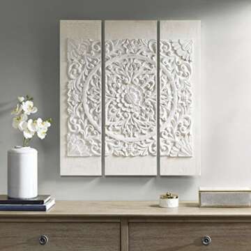 Madison Park Wall Art Living Room Decor - White Mandala Damask 3D Embellished Canvas, Home Accent Di...