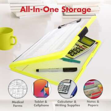Dexas Slimcase 2 Plastic Clipboard with Storage and Side Opening, Neon Yellow, Office Supplies Clipboards to Organize, Carry and Store, A4 Holder, Style and Functionality Nursing Clipboard