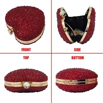 Cute Heart Shape Clutch Purse Mini Love Heart Rhinestone Wedding Handbag Party Women Purse(Red)