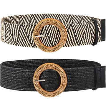 SATINIOR 2 Pieces Women Straw Woven Elastic Stretch Waist Belt Skinny Dress Braided Waist Belt with ...