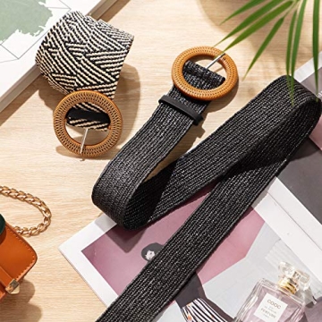SATINIOR 2 Pieces Women Straw Woven Elastic Stretch Waist Belt Skinny Dress Braided Waist Belt with Wooden Style Buckle (Black and Stripe Color)