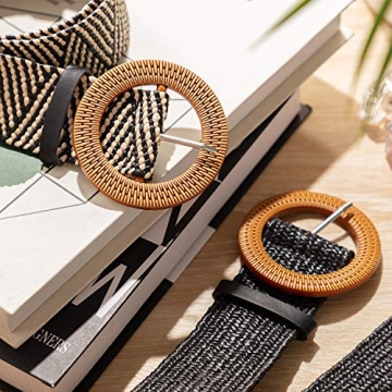 SATINIOR 2 Pieces Women Straw Woven Elastic Stretch Waist Belt Skinny Dress Braided Waist Belt with Wooden Style Buckle (Black and Stripe Color)