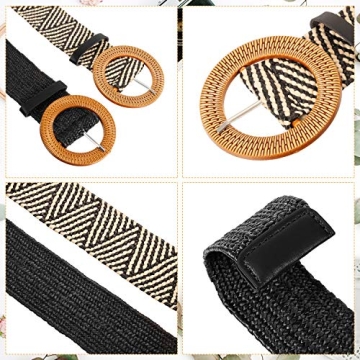 SATINIOR 2 Pieces Women Straw Woven Elastic Stretch Waist Belt Skinny Dress Braided Waist Belt with Wooden Style Buckle (Black and Stripe Color)
