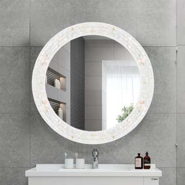 DUQIMO Round Wall Mirror 24 Inch, Natural Mother of Pearl Inlay Rectangle Wall Mirror, Shatterproof Tempered Glass Mosiac Mirror for Bathroom Bedroom Hallway and Living Room