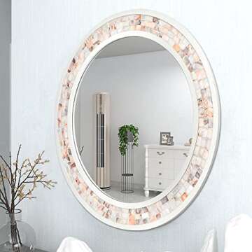 DUQIMO Round Wall Mirror 24 Inch, Natural Mother of Pearl Inlay Rectangle Wall Mirror, Shatterproof Tempered Glass Mosiac Mirror for Bathroom Bedroom Hallway and Living Room