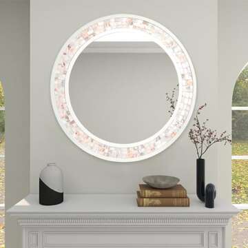 DUQIMO Round Wall Mirror 24 Inch, Natural Mother of Pearl Inlay Rectangle Wall Mirror, Shatterproof Tempered Glass Mosiac Mirror for Bathroom Bedroom Hallway and Living Room