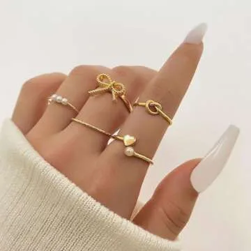 HUASAI Gold Bow Ring Set for Women Trendy Ribbon Bow Knot Rings Cute Pearl Ring Silver Stackable Rin...
