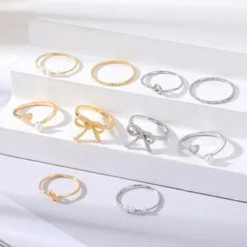 HUASAI Gold Bow Ring Set for Women Trendy Ribbon Bow Knot Rings Cute Pearl Ring Silver Stackable Rings Adjustable Open Knuckle Rings Dainty Jewelry Gifts