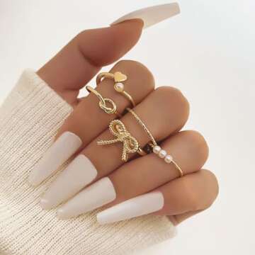 HUASAI Gold Bow Ring Set for Women Trendy Ribbon Bow Knot Rings Cute Pearl Ring Silver Stackable Rings Adjustable Open Knuckle Rings Dainty Jewelry Gifts