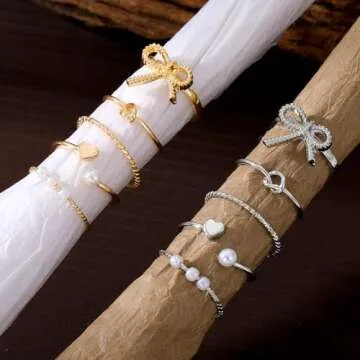 HUASAI Gold Bow Ring Set for Women Trendy Ribbon Bow Knot Rings Cute Pearl Ring Silver Stackable Rings Adjustable Open Knuckle Rings Dainty Jewelry Gifts