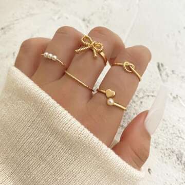 HUASAI Gold Bow Ring Set for Women Trendy Ribbon Bow Knot Rings Cute Pearl Ring Silver Stackable Rings Adjustable Open Knuckle Rings Dainty Jewelry Gifts