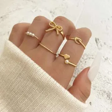 HUASAI Gold Bow Ring Set for Women Trendy Ribbon Bow Knot Rings Cute Pearl Ring Silver Stackable Rings Adjustable Open Knuckle Rings Dainty Jewelry Gifts