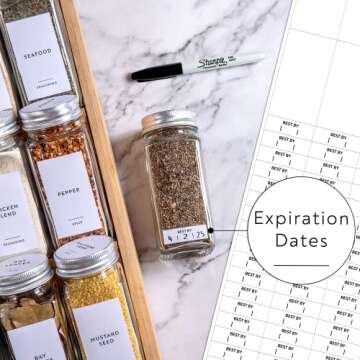 222 Minimalist Spice Label Set, Black Text on White Matte Vinyl Waterproof Label Sticker - Fits on Round, Square and Rectangle Glass Jars - Organize Kitchen and Pantry