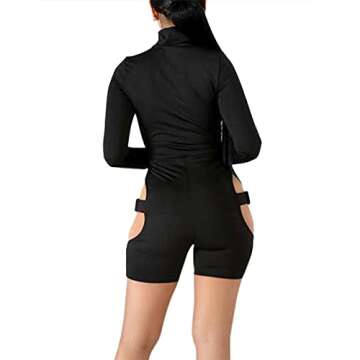 Spocrie Black Romper for Women Sexy Bodycon Jumpsuit Buckle Hollow out Long Sleeve Biker Short Clubwear Black M