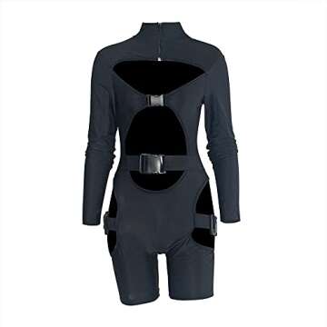 Spocrie Black Romper for Women Sexy Bodycon Jumpsuit Buckle Hollow out Long Sleeve Biker Short Clubwear Black M