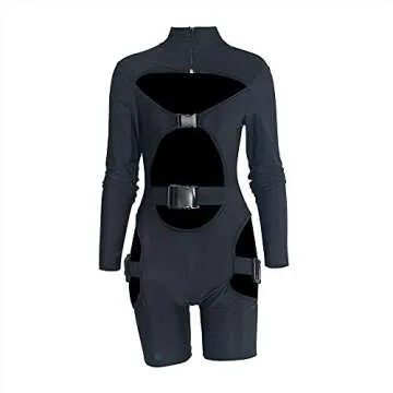 Spocrie Black Romper for Women Sexy Bodycon Jumpsuit Buckle Hollow out Long Sleeve Biker Short Clubwear Black M