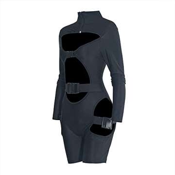 Spocrie Black Romper for Women Sexy Bodycon Jumpsuit Buckle Hollow out Long Sleeve Biker Short Clubwear Black M