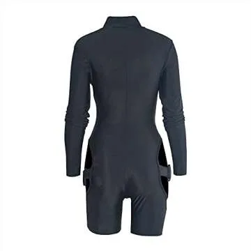 Spocrie Black Romper for Women Sexy Bodycon Jumpsuit Buckle Hollow out Long Sleeve Biker Short Clubwear Black M