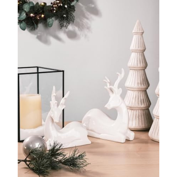 DN DECONATION Porcelain Christmas Reindeer Figurine, Small White Ceramic Deer Statue Sculpture Xmas Reindeer Figurines Set of 2 for Tabletop Shelf Mantel Indoor Fireplace Home Decor