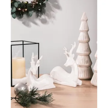 DN DECONATION Porcelain Christmas Reindeer Figurine, Small White Ceramic Deer Statue Sculpture Xmas Reindeer Figurines Set of 2 for Tabletop Shelf Mantel Indoor Fireplace Home Decor
