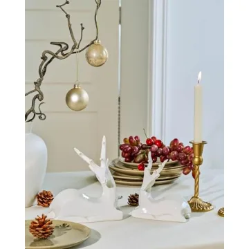 DN DECONATION Porcelain Christmas Reindeer Figurine, Small White Ceramic Deer Statue Sculpture Xmas Reindeer Figurines Set of 2 for Tabletop Shelf Mantel Indoor Fireplace Home Decor