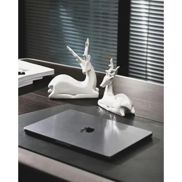 DN DECONATION Porcelain Christmas Reindeer Figurine, Small White Ceramic Deer Statue Sculpture Xmas Reindeer Figurines Set of 2 for Tabletop Shelf Mantel Indoor Fireplace Home Decor
