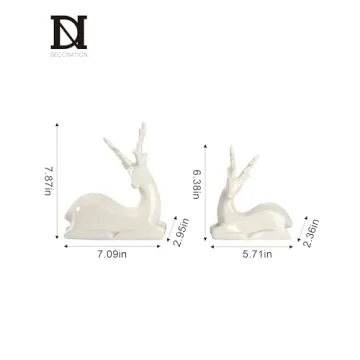 DN DECONATION Porcelain Christmas Reindeer Figurine, Small White Ceramic Deer Statue Sculpture Xmas Reindeer Figurines Set of 2 for Tabletop Shelf Mantel Indoor Fireplace Home Decor