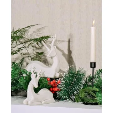 DN DECONATION Porcelain Christmas Reindeer Figurine, Small White Ceramic Deer Statue Sculpture Xmas Reindeer Figurines Set of 2 for Tabletop Shelf Mantel Indoor Fireplace Home Decor