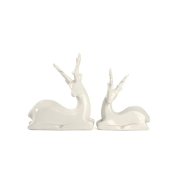DN DECONATION Porcelain Christmas Reindeer Figurine, Small White Ceramic Deer Statue Sculpture Xmas Reindeer Figurines Set of 2 for Tabletop Shelf Mantel Indoor Fireplace Home Decor