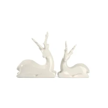 DN DECONATION Porcelain Christmas Reindeer Figurine, Small White Ceramic Deer Statue Sculpture Xmas Reindeer Figurines Set of 2 for Tabletop Shelf Mantel Indoor Fireplace Home Decor