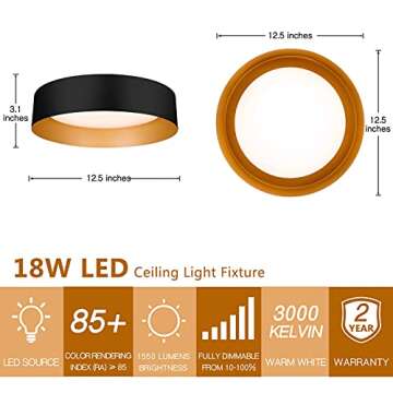 Bargeni Flush Mount Ceiling Lights,12.5 inch Ceiling Light Fixture,3000K/18W, Matte Black with Champagne Gold Inside Finish,Flush Mount Light Fixture for Balcony,Outdoor,Kitchen,ETL Listed-2 Pack