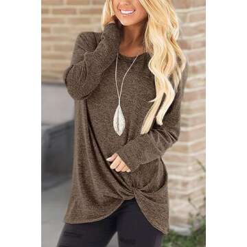 Womens Tops Long Sleeve Casual Twist Knot Tunic Shirts Coffee S