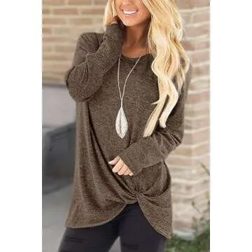 Womens Tops Long Sleeve Casual Twist Knot Tunic Shirts Coffee S
