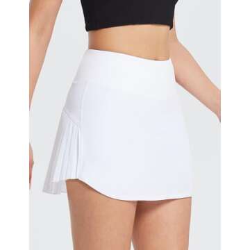 BALEAF Women's Pleated Tennis Skirts High Waisted Lightweight Athletic Golf Skorts Skirts with Shorts Pockets White Small