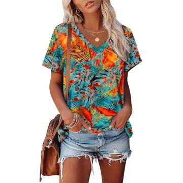 Alaroo Beach Vacation Clothes for Women Short Sleeve V-Neck Tropical Top