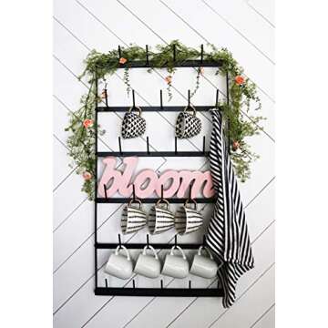 Wall Mounted Coffee Mug Rack - Large Rustic Black Iron Steel Kitchen Rack with 6 Rows - Storage for 27 Cups - Jar & Plate Holder - Vertical Display Organizer - Farmhouse Home Décor - Claimed Corner