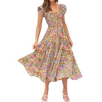 DOROSE Women's Floral Tie Back Midi Dress - Ruffle Sleeve Vacation Dress