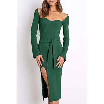 LILLUSORY Petite Green Holiday Sweater Dress with Slit Womens Winter Bodycon Sexy Long Sleeve Pullover Wrap Outfits 2024 Lady