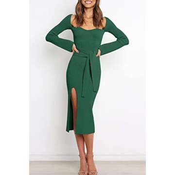LILLUSORY Petite Green Holiday Sweater Dress with Slit Womens Winter Bodycon Sexy Long Sleeve Pullover Wrap Outfits 2024 Lady