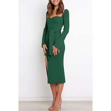 LILLUSORY Petite Green Holiday Sweater Dress with Slit Womens Winter Bodycon Sexy Long Sleeve Pullover Wrap Outfits 2024 Lady